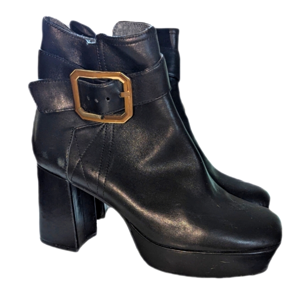 Leather Ankle Boots with Gold Buckle - Size 6.5 - Black
